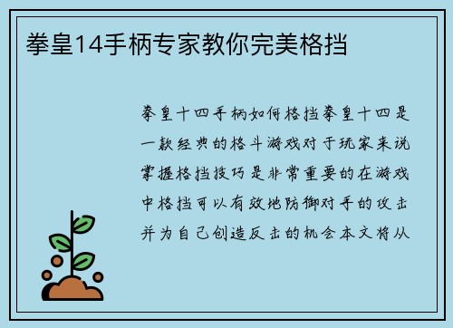 拳皇14手柄专家教你完美格挡